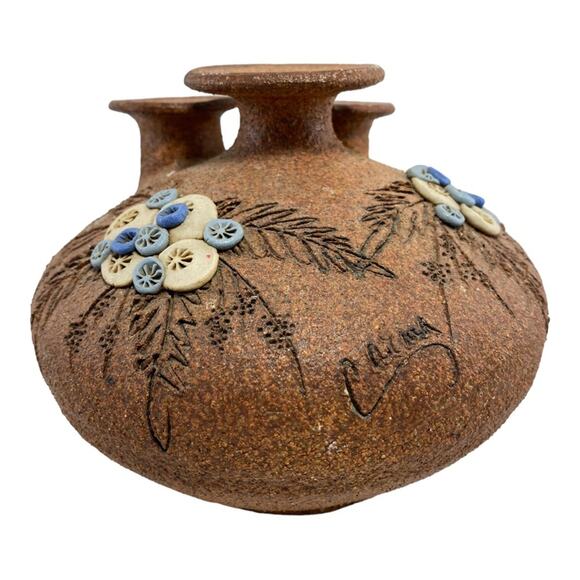 Carma Vintage Vintage 1980s Sand Art Pottery 6" Earthy Boho Floral Bottle Vase - Picture 5 of 8
